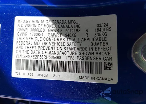 2024 Honda Civic Sport z USA, uszkodzony, nr VIN 2HGFE2F56RH565468